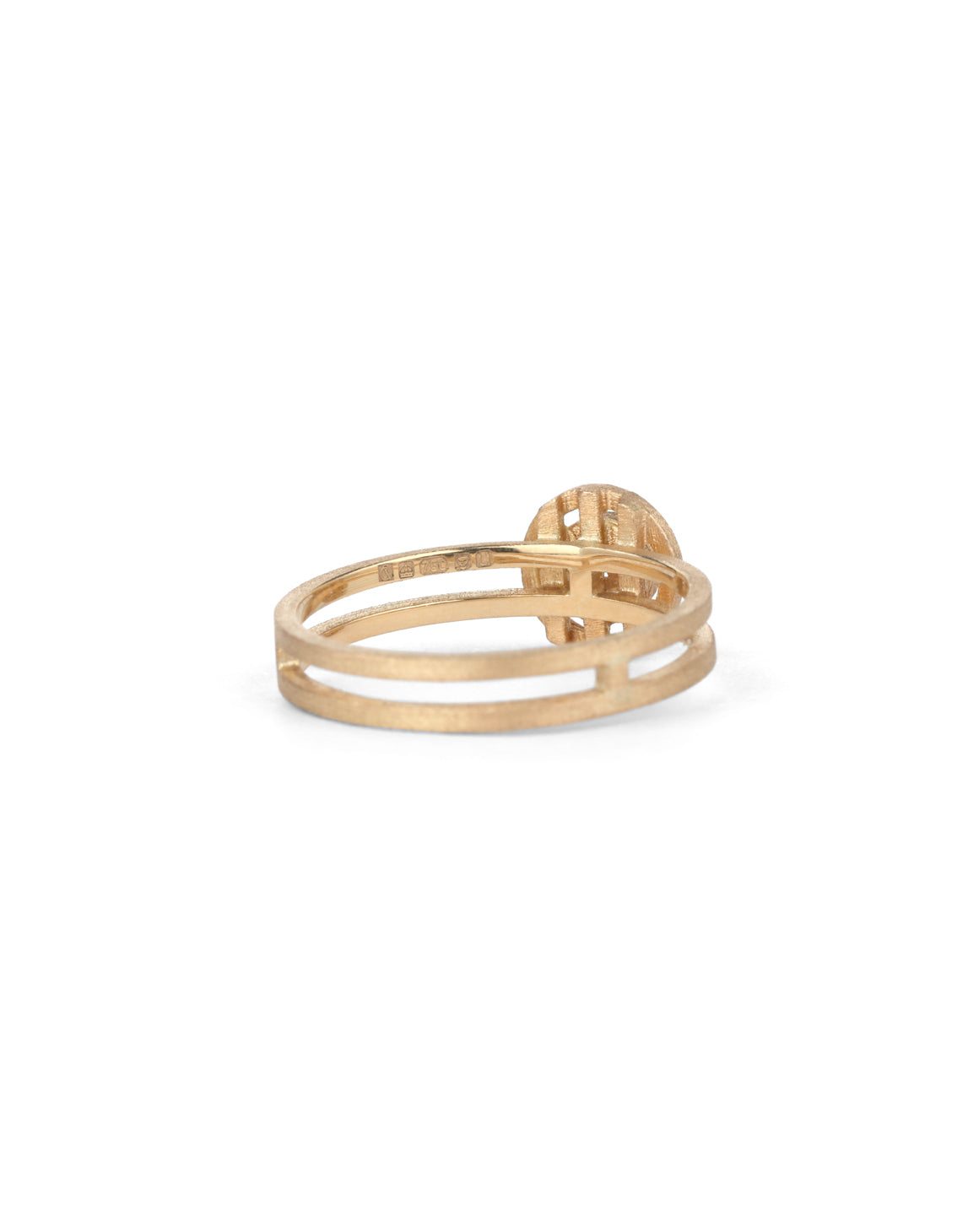 Solitaire ring with circular detail eith central diamond. 18ct rose gold, textured finish. Back view.