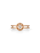 Solitaire ring with circular detail eith central diamond. 18ct rose gold, textured finish.