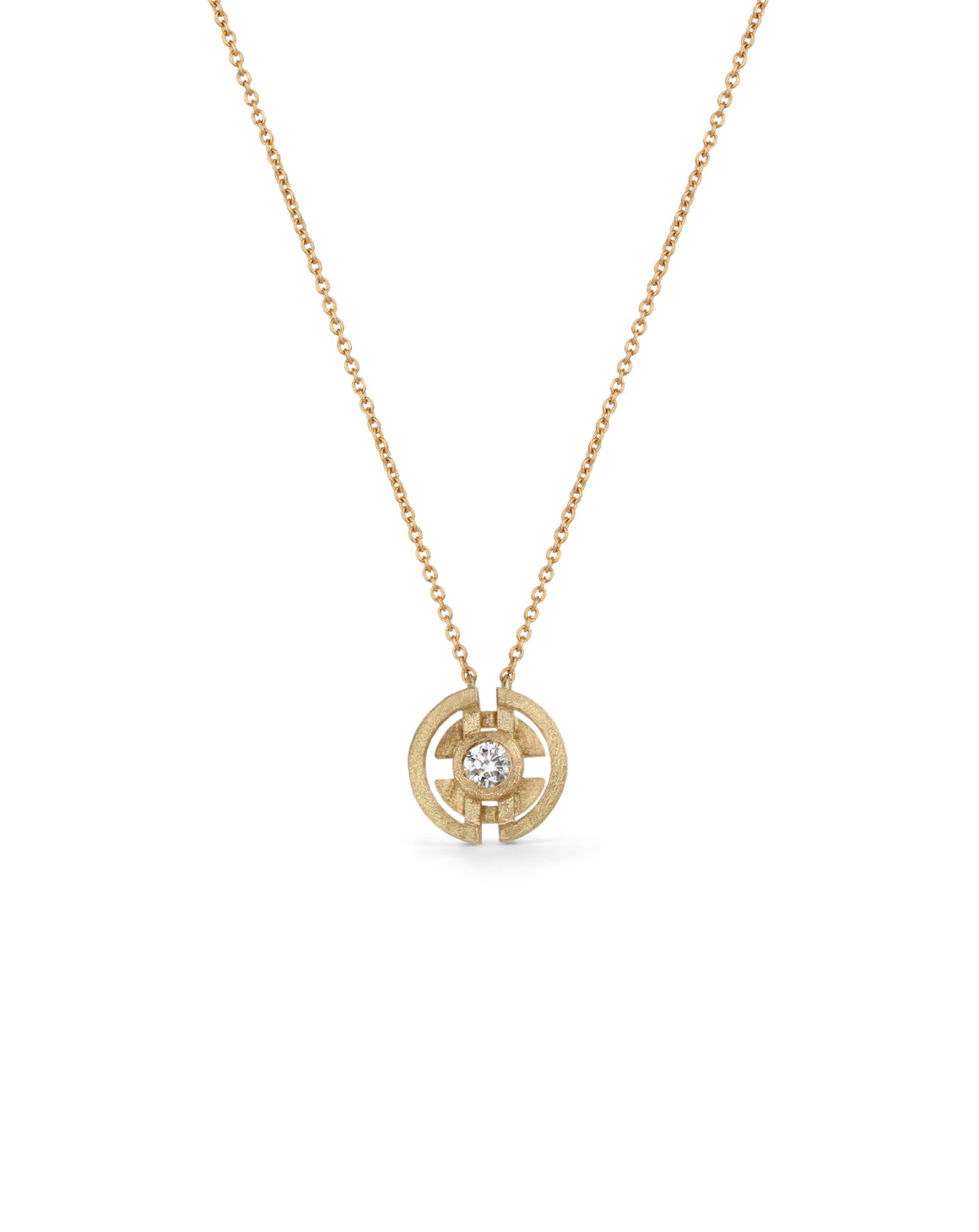 Geometric pendant with a round white diamond and semicircle detail. 18ct yellow gold, textured finish.