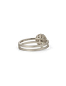 Geometric ring with circular detail and central diamond and double band. 18ct white gold, textured finish. Back view.