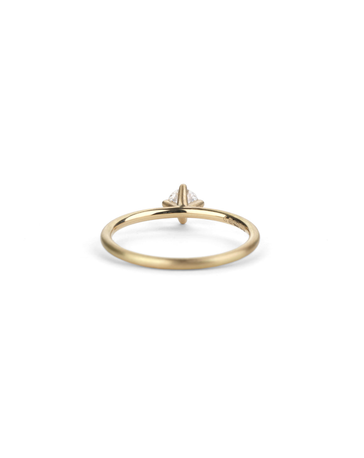 Solitaire ring with round white diamond, four claw setting. 18ct yellow gold, satin finish. Back view.