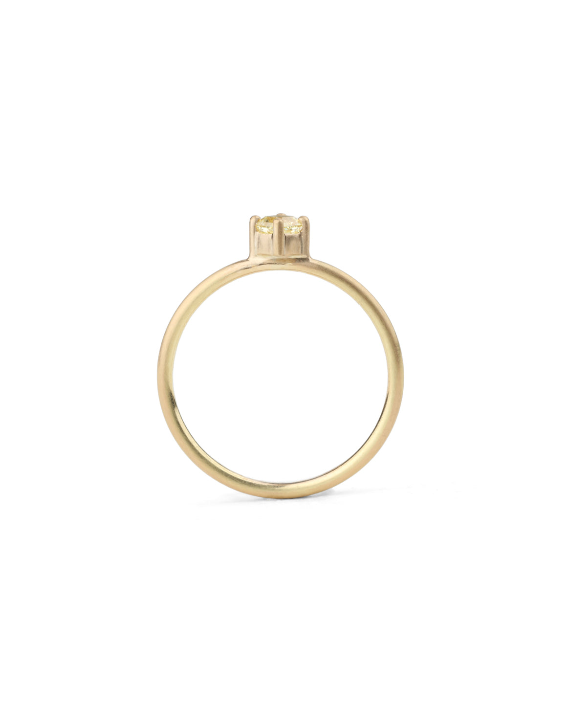 Solitaire ring with light yellow square diamond, on diagonal. 18ct yellow gold, satin finish. Side view.