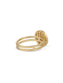 Geometric ring with concentric circular detail, diamond halo and central diamond. 18ct yellow gold textured finish. Back view.
