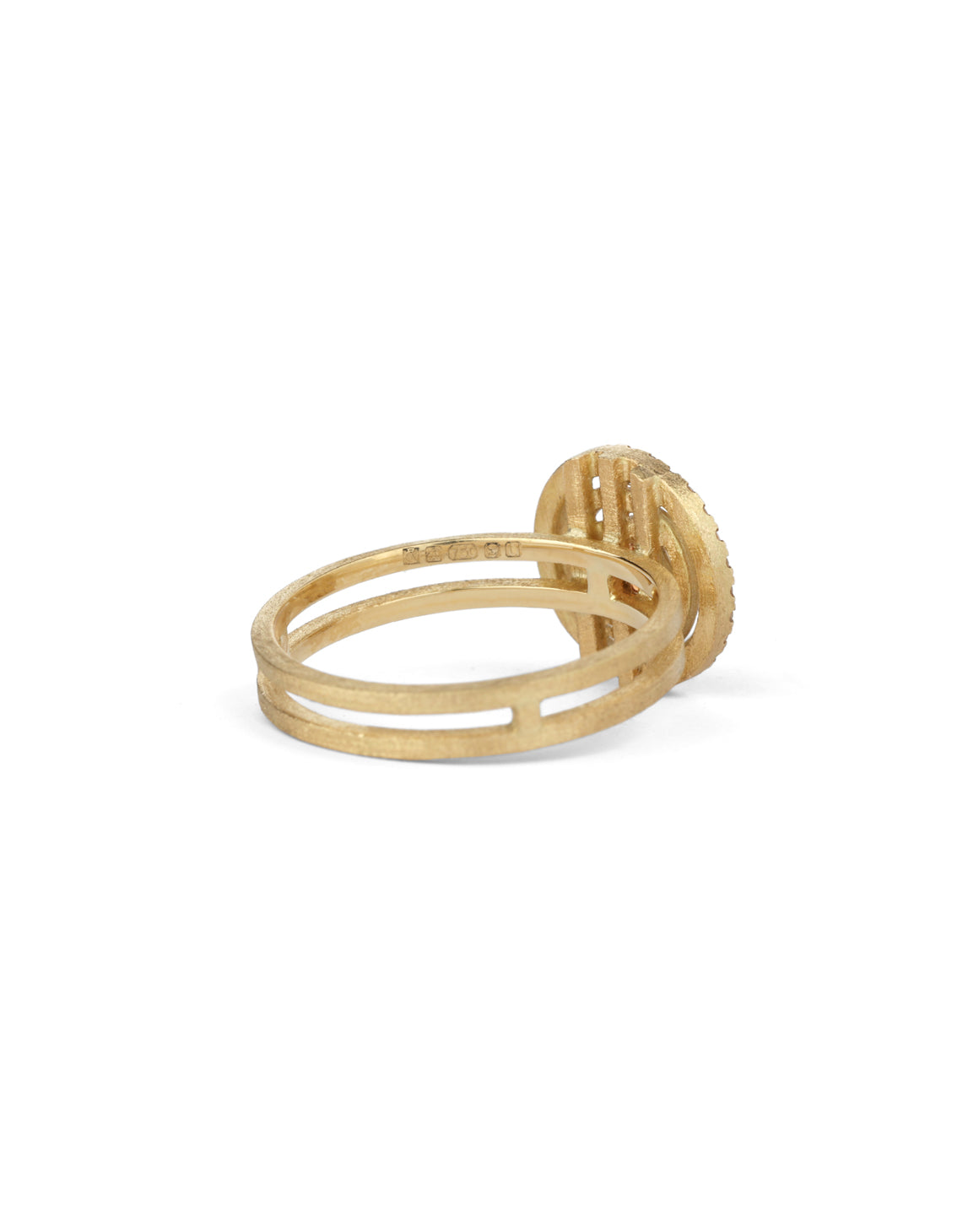 Geometric ring with concentric circular detail, diamond halo and central diamond. 18ct yellow gold textured finish. Back view.