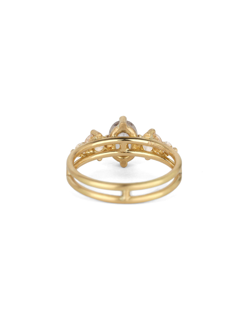 Five stone ring with grey oval sapphire, two peach sapphires and two white diamonds. 18ct yellow gold, satin finish. Back view.