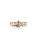 Five stone ring with grey oval sapphire, two peach sapphires and two white diamonds. 18ct yellow gold, satin finish.