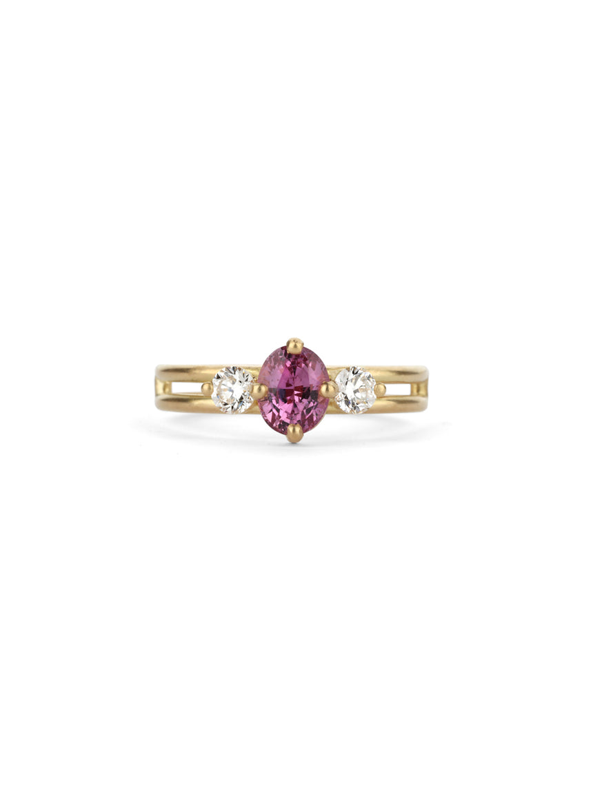 Pink Sapphire and Natural Diamond Oval Trio Split Engagement Ring