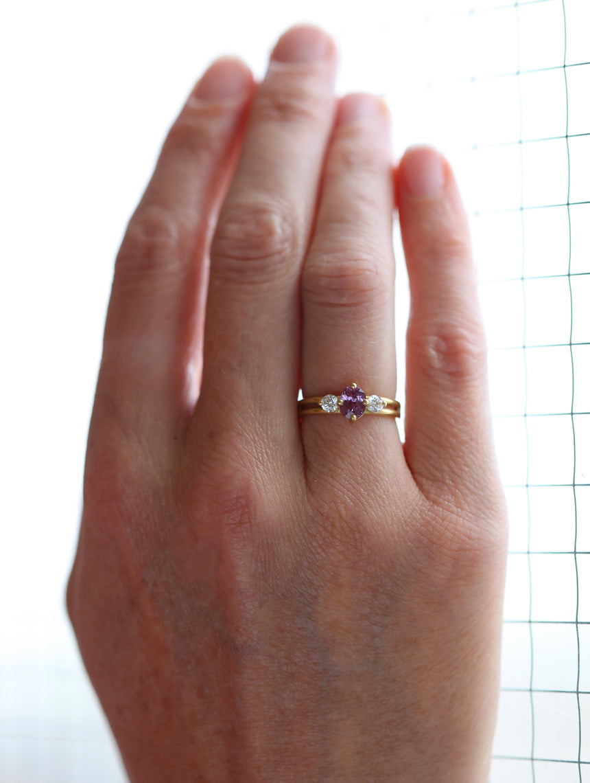 Pink Sapphire and Natural Diamond Oval Trio Split Engagement Ring