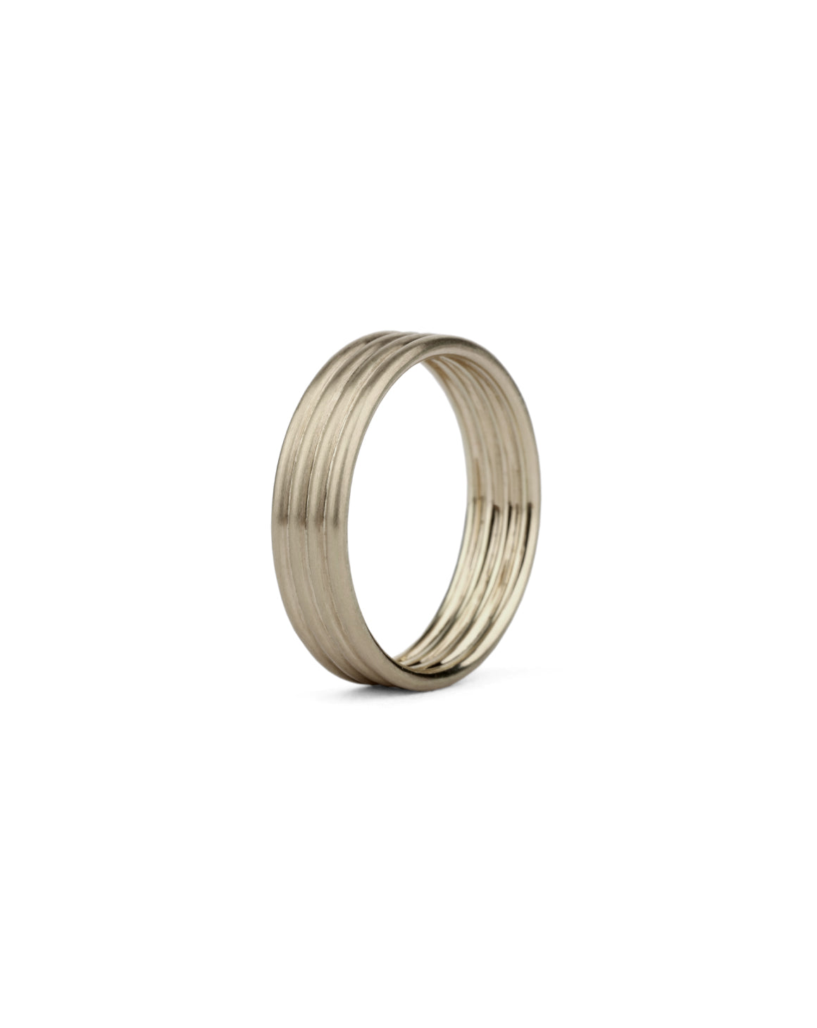 Wedding ring, four joined bands. 18ct white gold, satin finish.