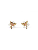 Earstuds with red garnet, white pearls and white diamonds. 18ct yellow gold, satin finish. Back view.