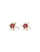 Earstuds with red garnet, white pearls and white diamonds. 18ct yellow gold, satin finish.