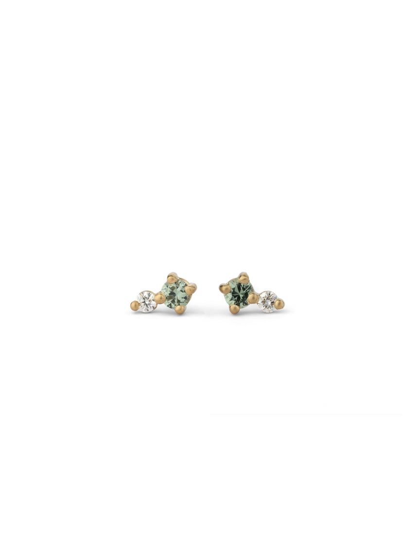 Green sapphire and white diamond stud earrings. 18ct yellow gold, satin finish.
