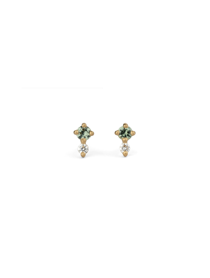 Green sapphire and white diamond stud earrings. 18ct yellow gold, satin finish.