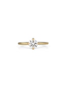 Solitaire ring with round white diamond, four claw setting. 18ct yellow gold, satin finish.