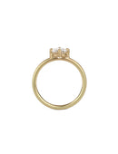 Solitaire ring with round white diamond, four claw setting. 18ct yellow gold, satin finish. Side view.