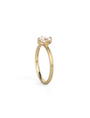 Solitaire ring with round white diamond, four claw setting. 18ct yellow gold, satin finish.