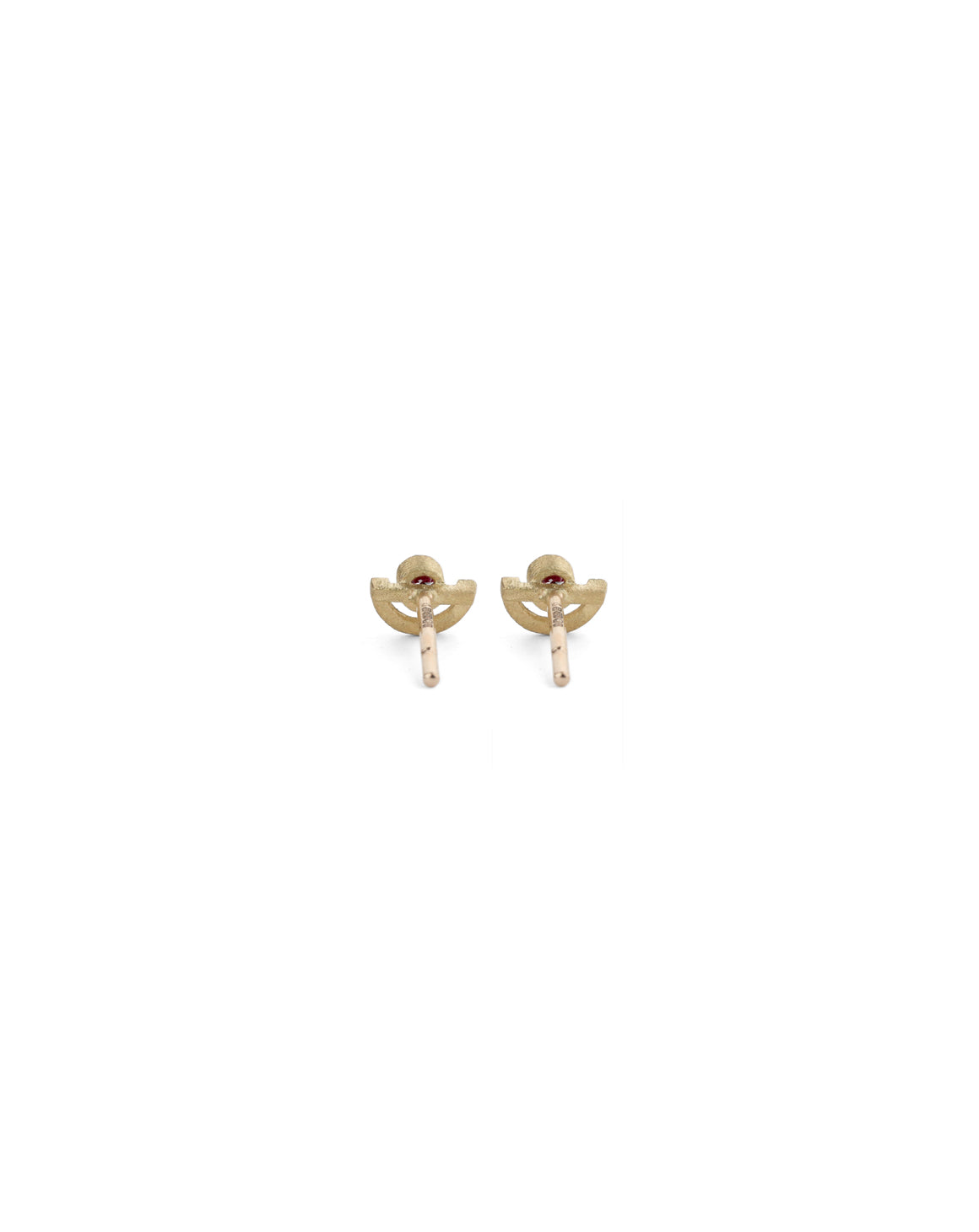 Earstuds with semicircle detail and ruby. 18ct yellow gold, textured finish. Back view.