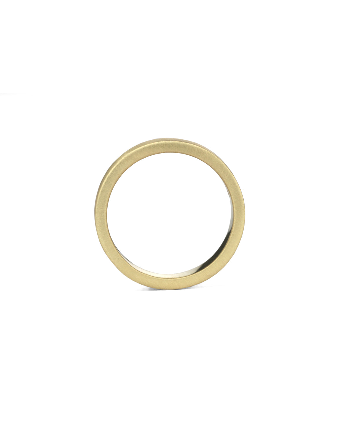 Flat wedding band. 18ct yellow gold, satin finish. Side view.