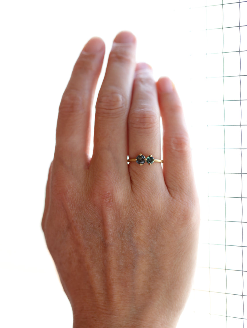 Grey Spinel and Teal Sapphire Duo Ring