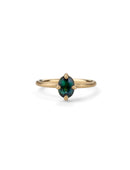 Solitaire ring with oval teal sapphire. 18ct yellow gold, satin finish.