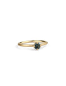 Solitaire ring with round teal sapphire. 18ct yellow gold, satin finish.
