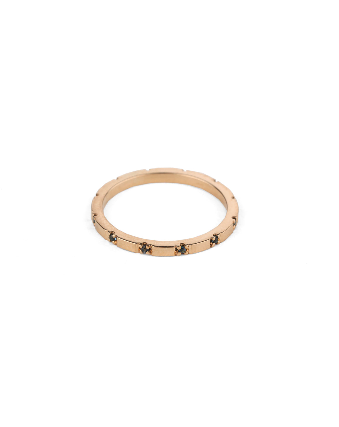 Fine band with tiny teal sapphires. 18ct rose gold, polished finish.
