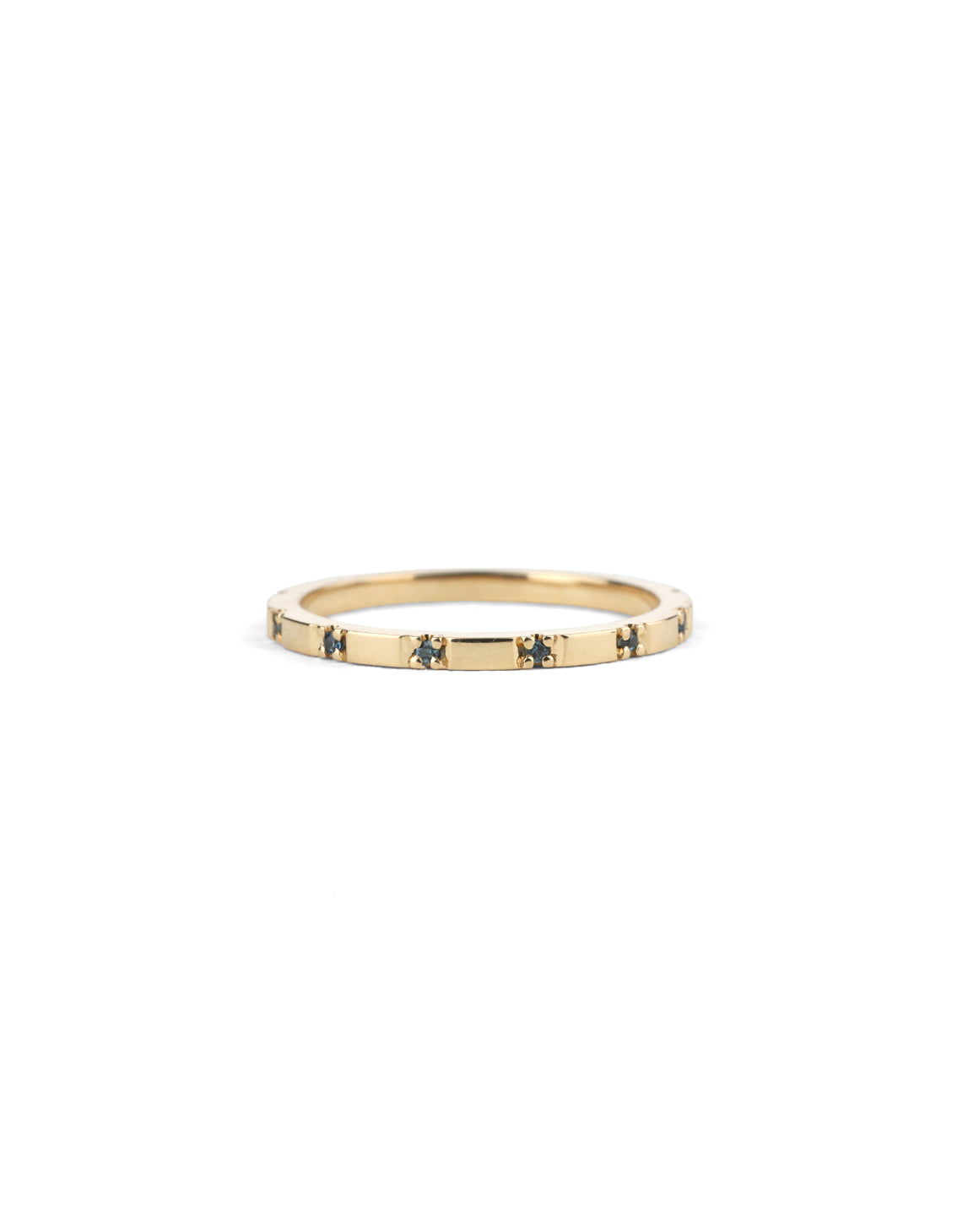 Fine band with tiny teal sapphires. 18ct yellow gold, polished finish.