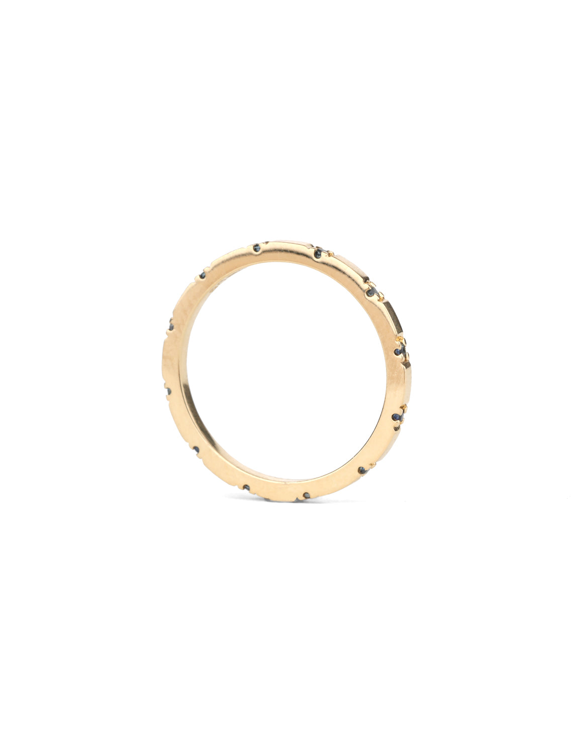 Fine band with tiny teal sapphires. 18ct yellow gold, polished finish. Side view.