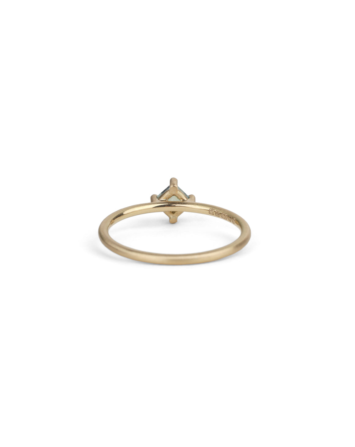 Square green/blue Sapphire Ring, diagonal setting with four claws. 18ct yellow gold with a satin finish. Back view.