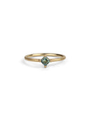Square green/blue Sapphire Ring, diagonal setting with four claws. 18ct yellow gold with a satin finish.