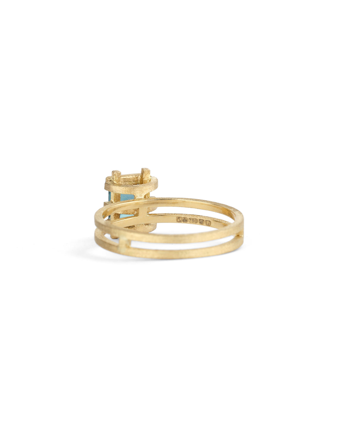 Square teal tourmaline ring, structured setting. 18ct yellow gold, satin finish. Back view.