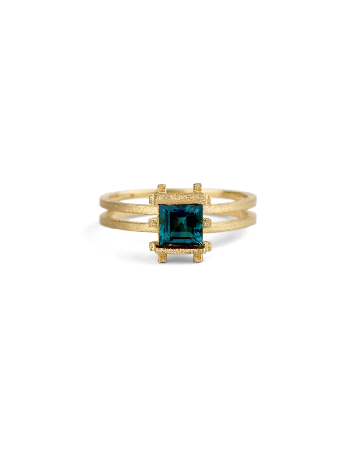 Square teal tourmaline ring, structured setting. 18ct yellow gold, satin finish.