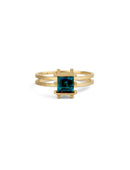 Square teal tourmaline ring, structured setting. 18ct yellow gold, satin finish.