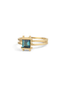 Square teal tourmaline ring, structured setting. 18ct yellow gold, satin finish.