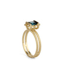 Square teal tourmaline ring, structured setting. 18ct yellow gold, satin finish. Side view.