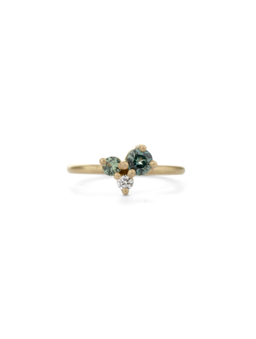 Teal Green Australian Sapphire and Natural Diamond Round Trio Cluster Ring