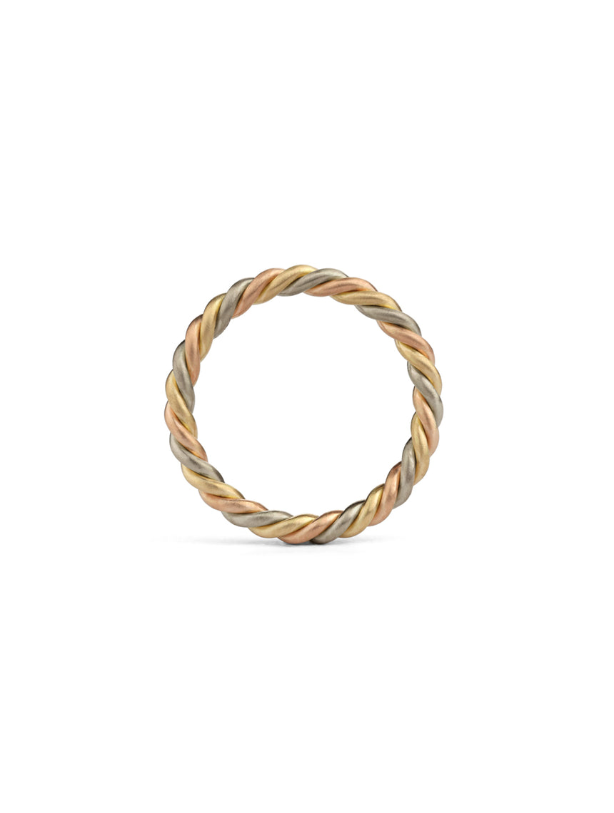 Rope style ring in 18ct yellow, rose and white gold, satin finish.