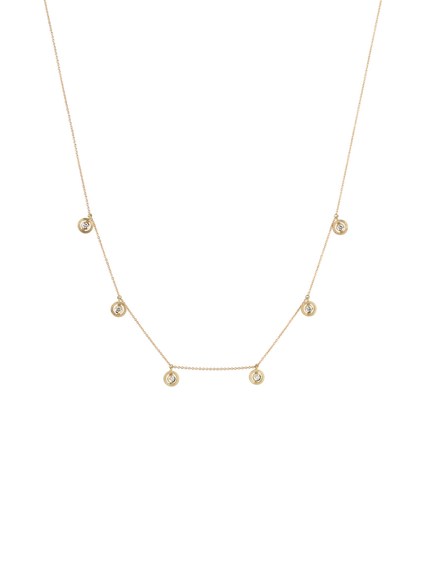 necklace with size circular diamond drops. 18ct yellow gold, textured finish.