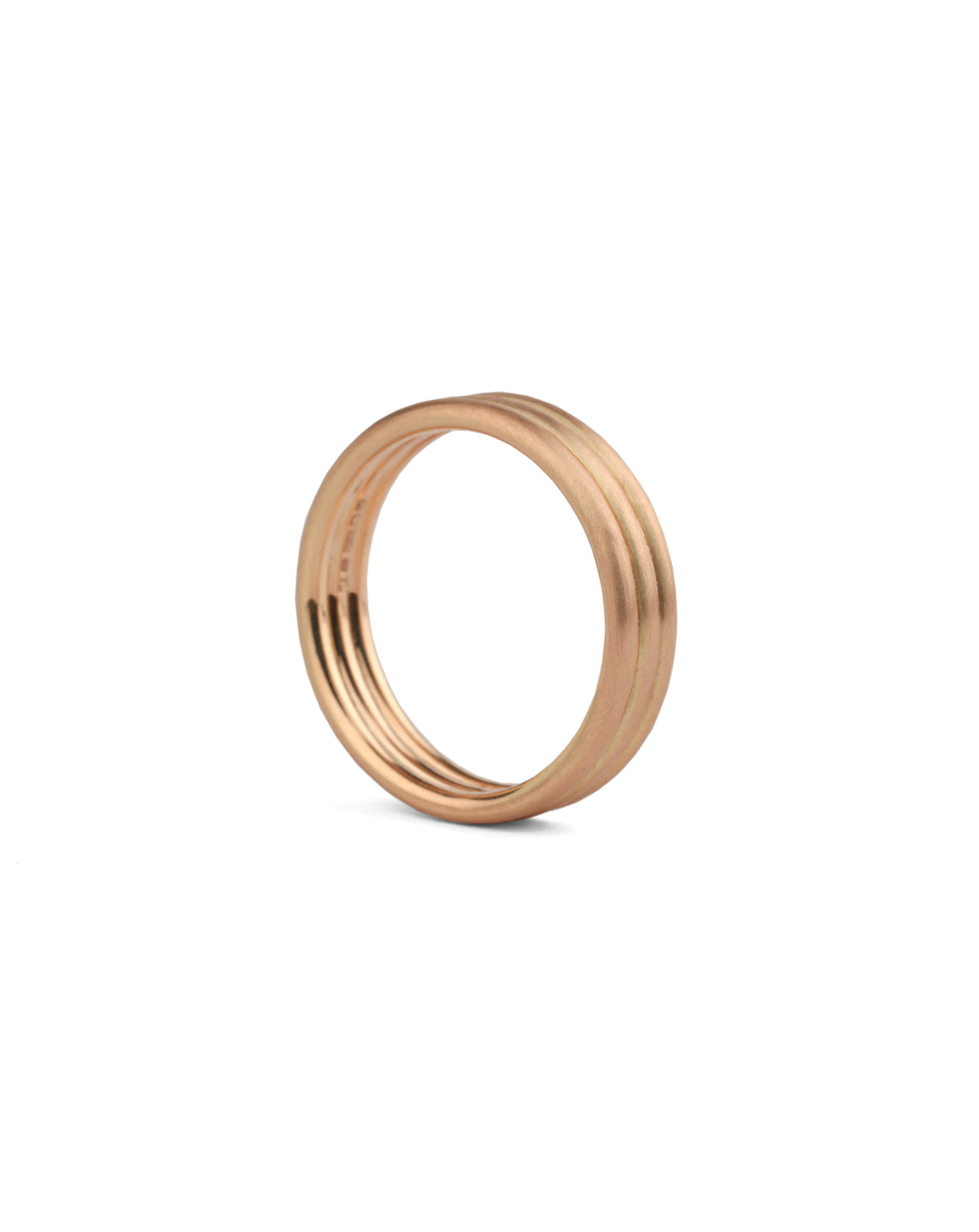 Three band wedding ring in 18ct rose gold, satin finish.