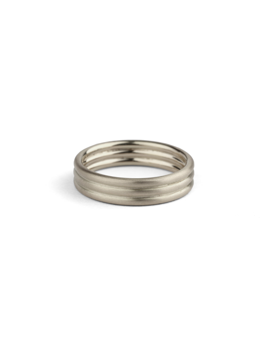 Three band wedding ring in 18ct white gold, satin finish.