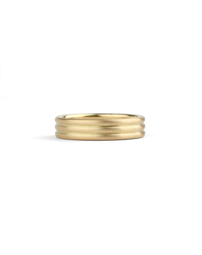 Three band wedding ring in 18ct yellow gold, satin finish.