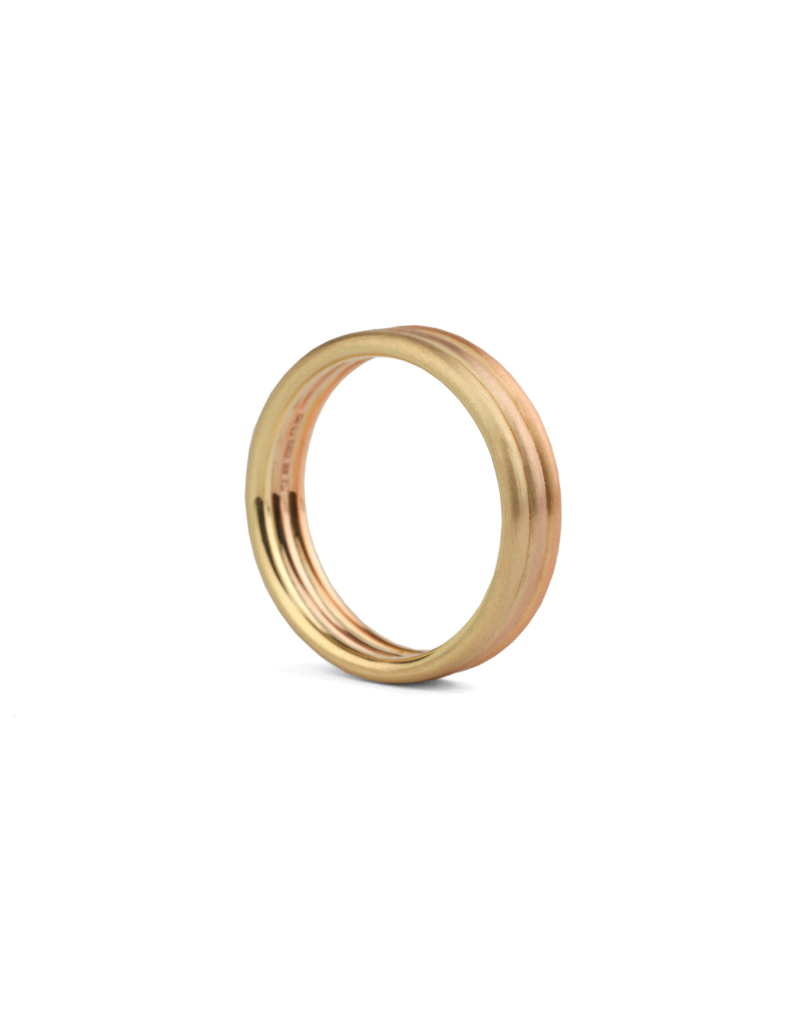 Three band wedding ring in 18ct yellow, peach, rose gold, satin finish.