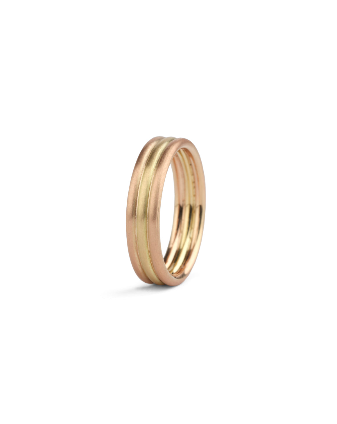 Three band wedding ring in 18ct yellow and rose gold, satin finish.