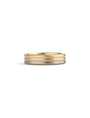 Three band wedding ring in 18ct yellow, rose and white gold, satin finish.