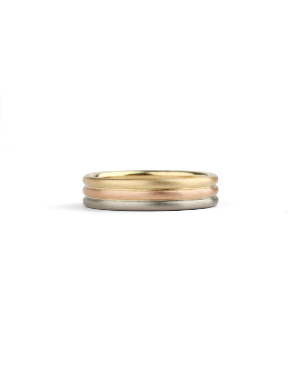 Three band wedding ring in 18ct yellow, rose and white gold, satin finish.