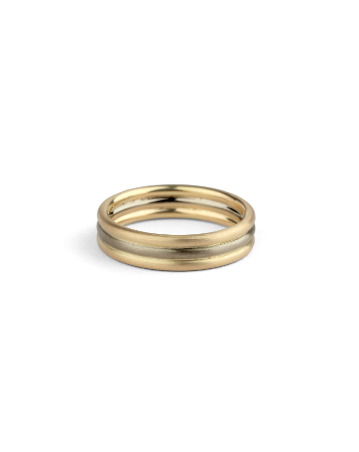 Three band wedding ring in 18ct yellow and white gold, satin finish.