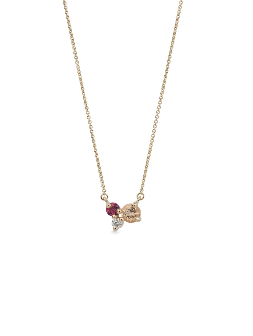 Peach Topaz, Ruby and Diamond Trio Birthstone Pendant