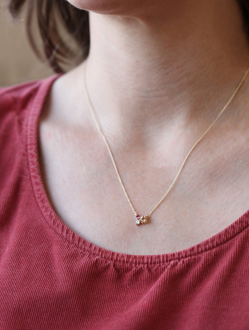 Peach Topaz, Ruby and Diamond Trio Birthstone Pendant