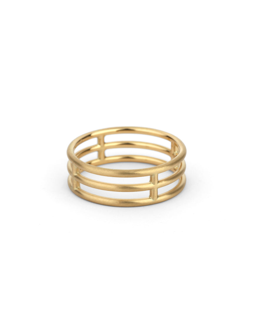 Three band wide wedding ring in 18ct yellow gold, satin finish.
