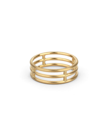 Three band wide wedding ring in 18ct yellow gold, satin finish.